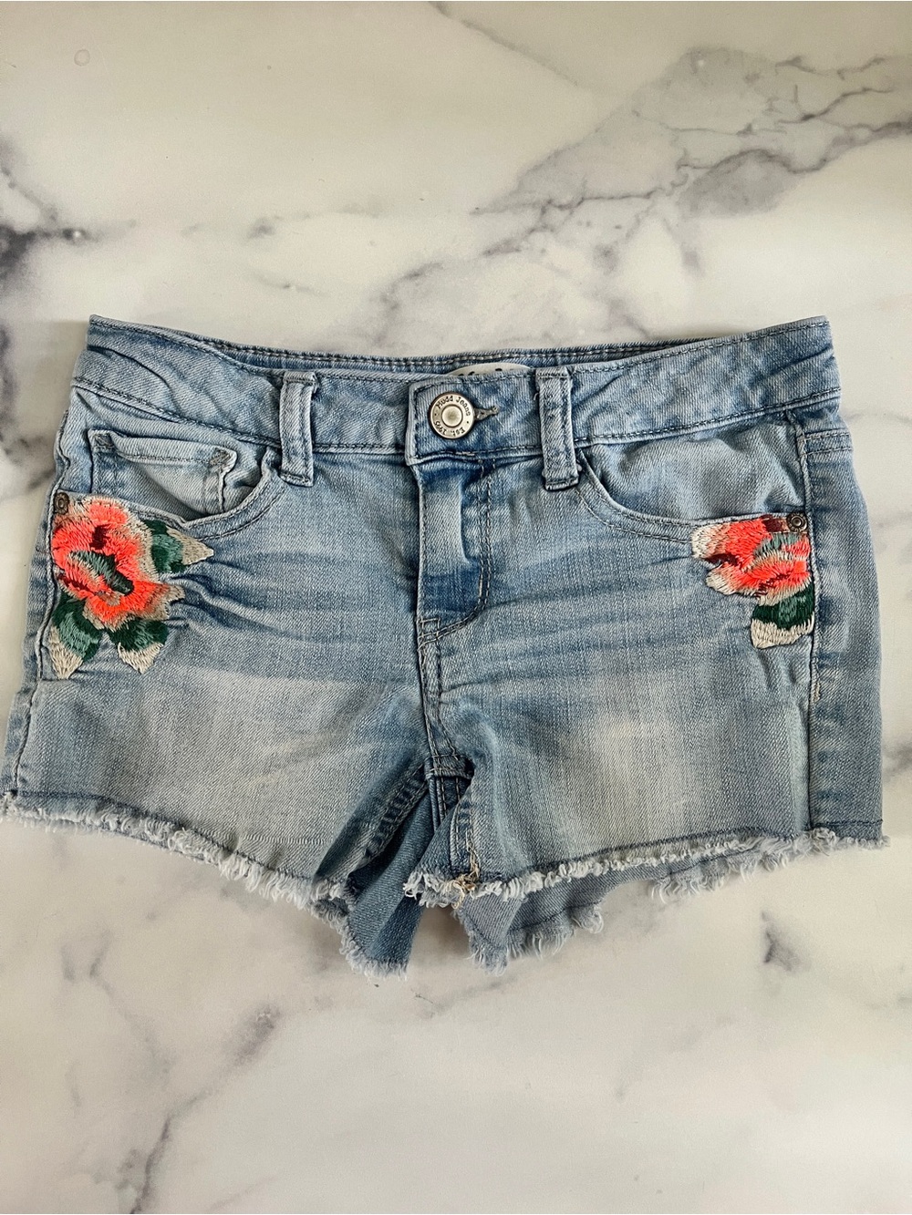 Mudd Girls Denim Cutoff Shorts with Floral Embroidery, Faded Blue, Size 10